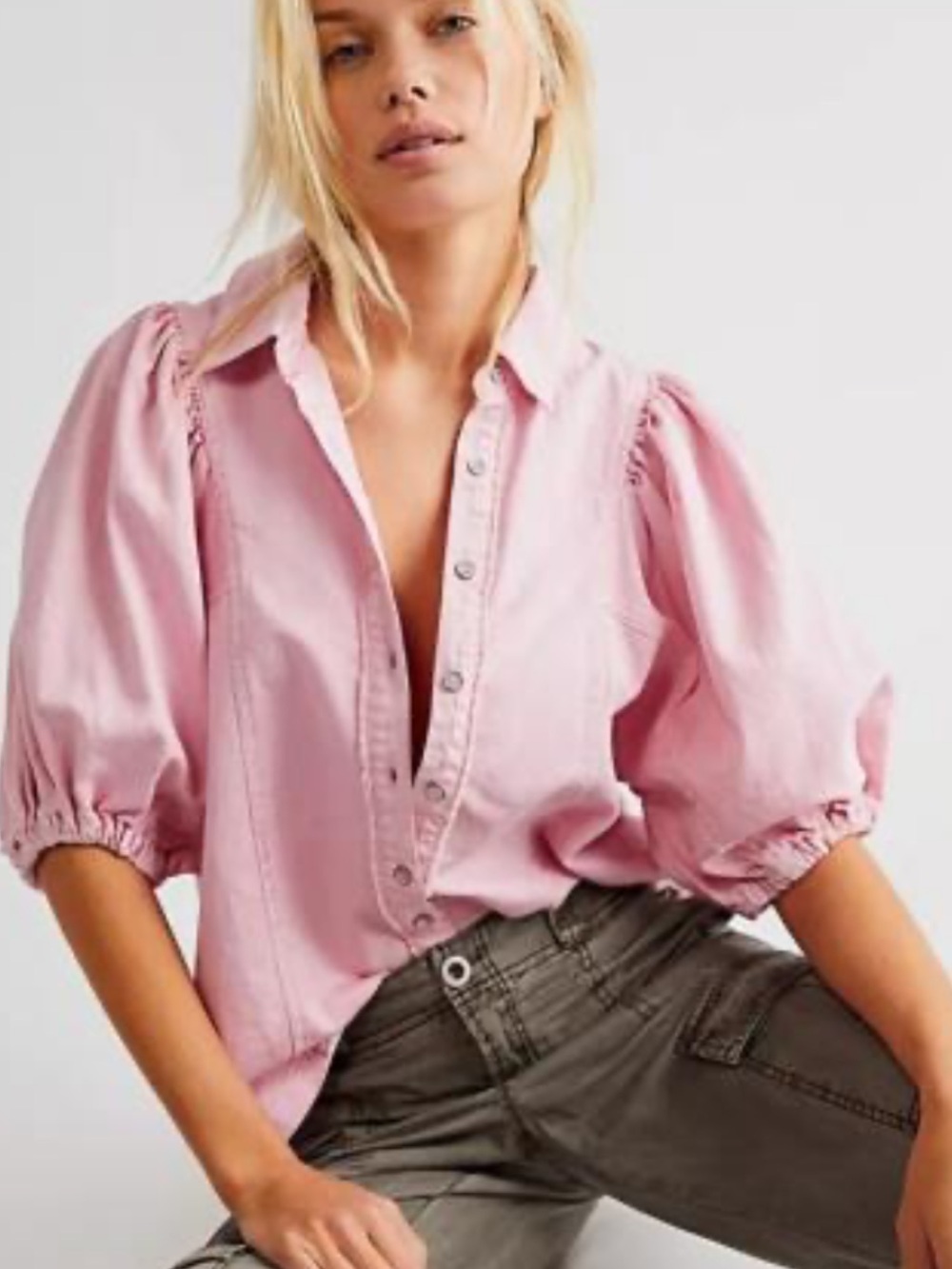 BOGO! Free People We The Free Puff Sleeve Button Shirt Washed Pink Large